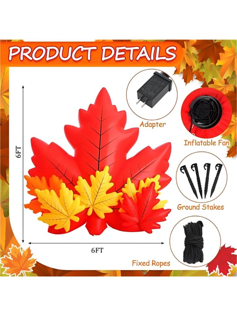 Maple Leaf Inflatable with LED Lights 6 Ft Fall Inflatables Outdoor - Picture 2 of 7